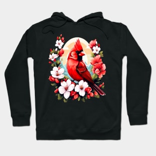 Cute Northern Cardinal Surrounded by Vibrant Spring Flowers Hoodie